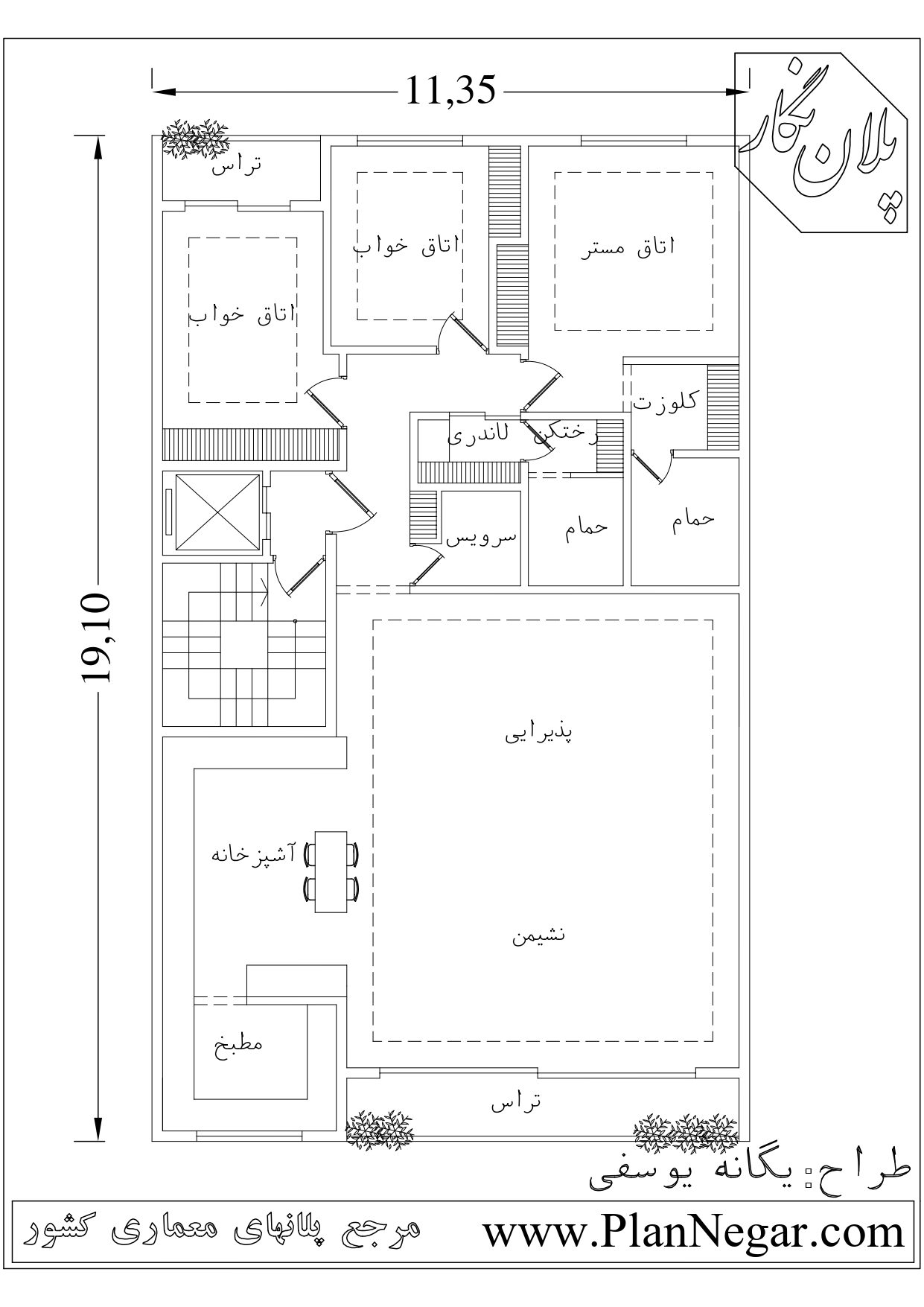 پلان آپارتمانی سه خوابه 19*11